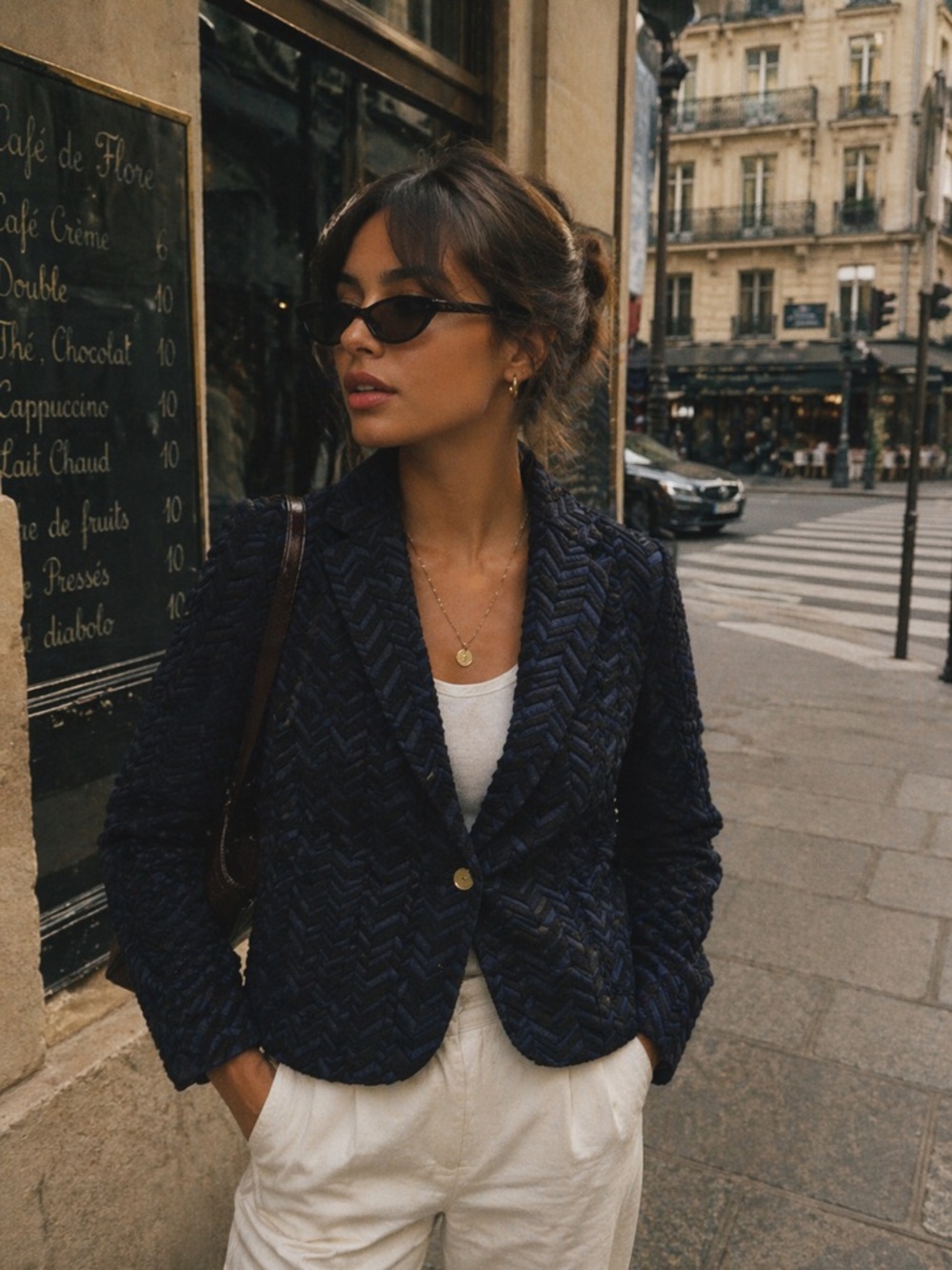 Cartonnier Anthropologie Navy Textured Blazer French Minimalist Tailored Jacket